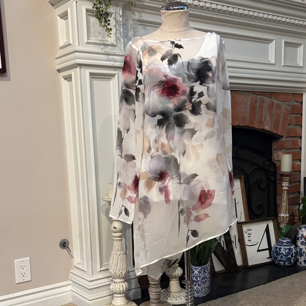 White House Black Market Floral Blouse - Black, Gray, Pink